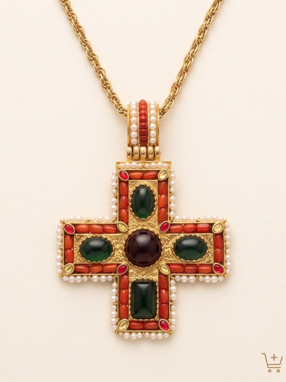 Gold-Tone Cross Pendant Necklace with Coral, Green and Pearl Accents